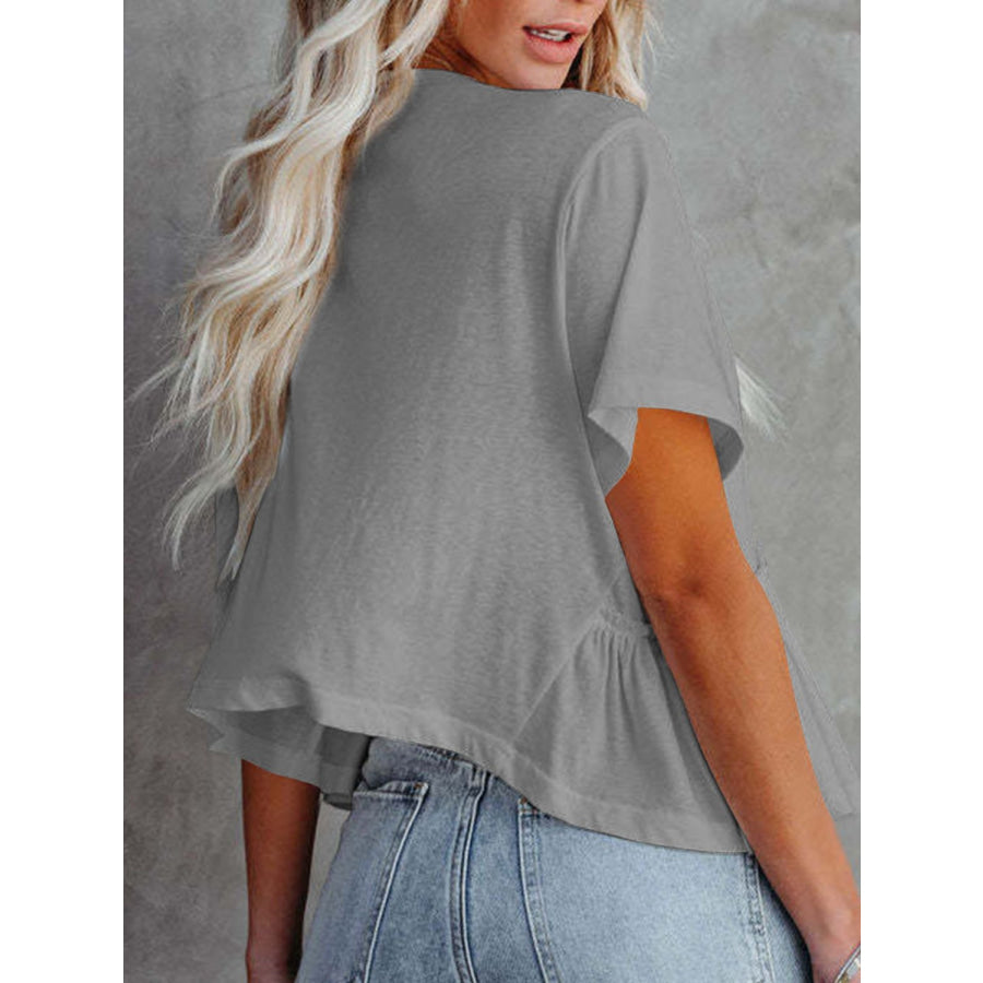 Tied Plunge Short Sleeve Blouse Gray / 2XL Apparel and Accessories