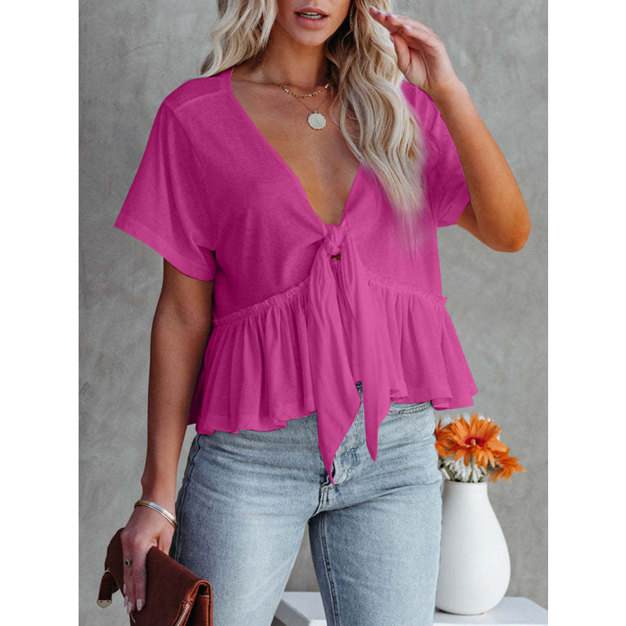 Tied Plunge Short Sleeve Blouse Hot Pink / L Apparel and Accessories