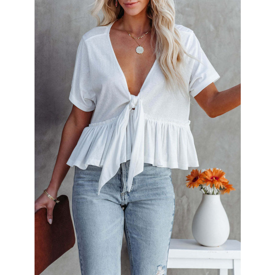 Tied Plunge Short Sleeve Blouse White / S Apparel and Accessories