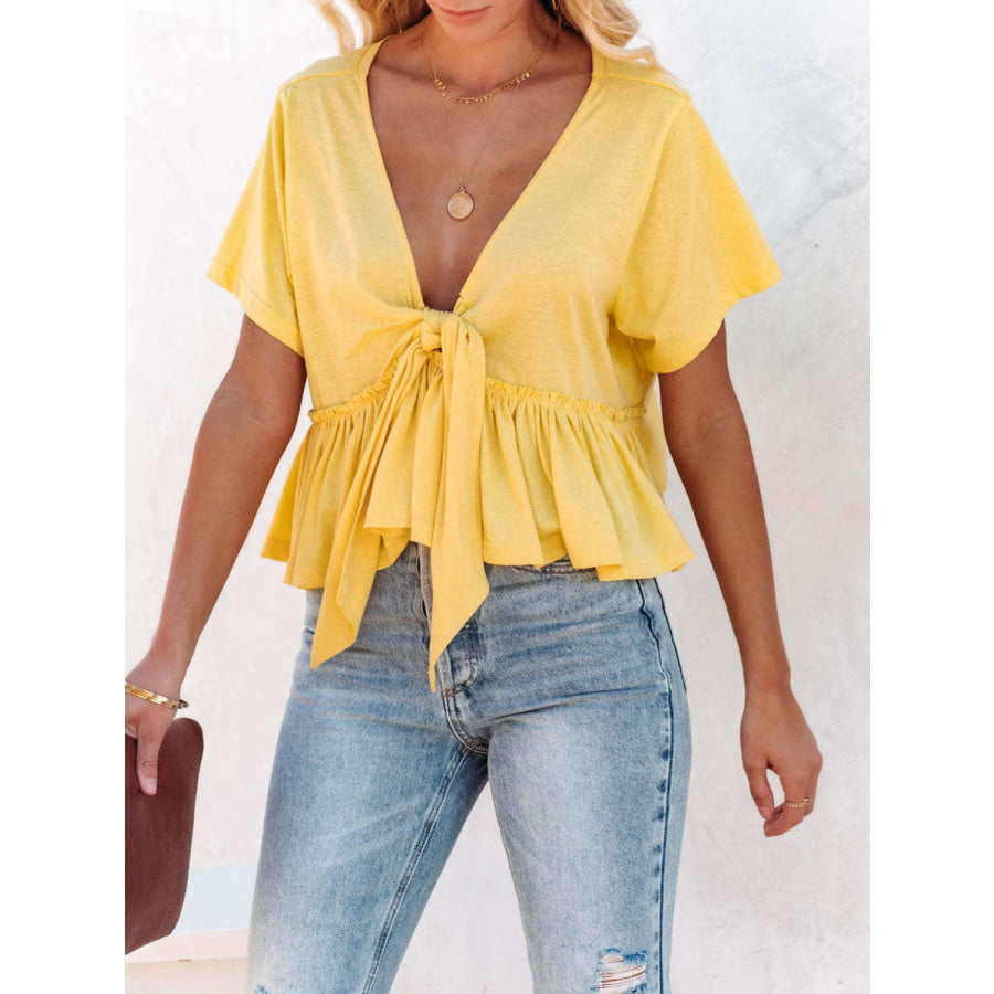 Tied Plunge Short Sleeve Blouse Yellow / S Apparel and Accessories