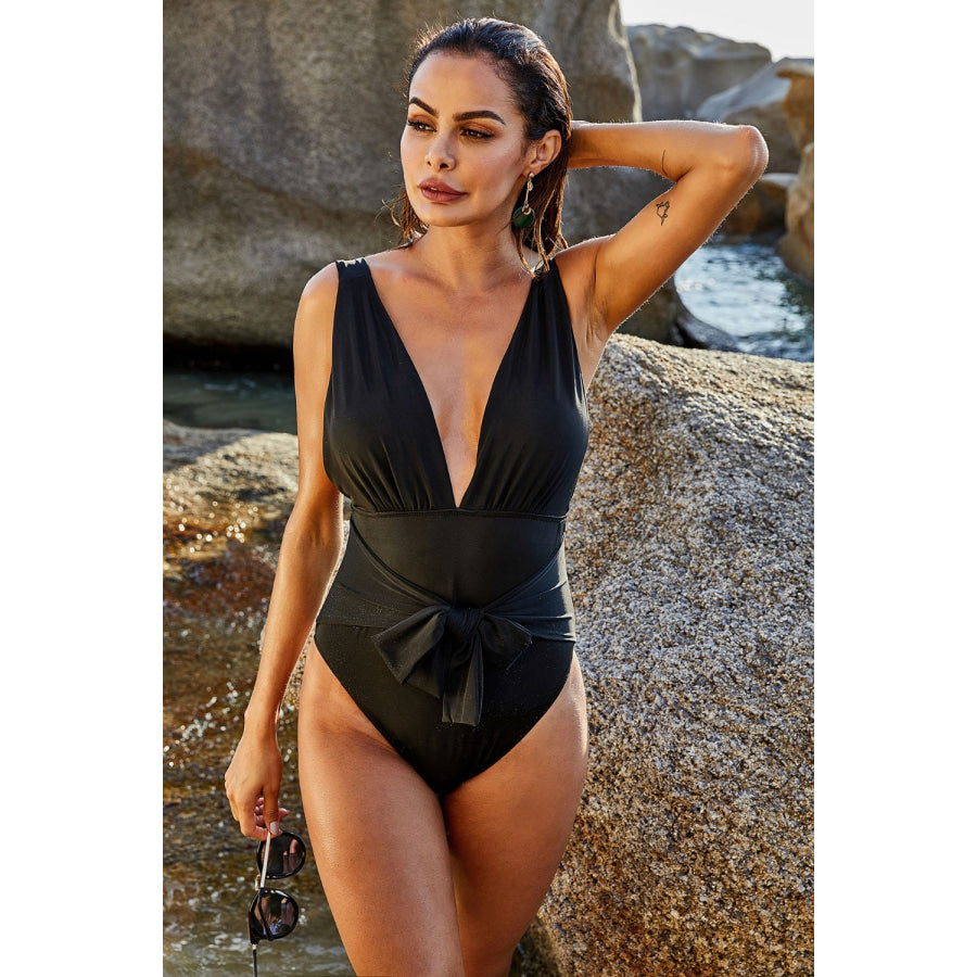 Tied Plunge Sleeveless One - Piece Swimwear Apparel and Accessories