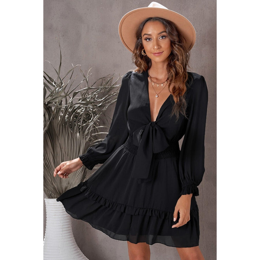 Tied Plunge Smocked Waist Flounce Sleeve Dress Black / S