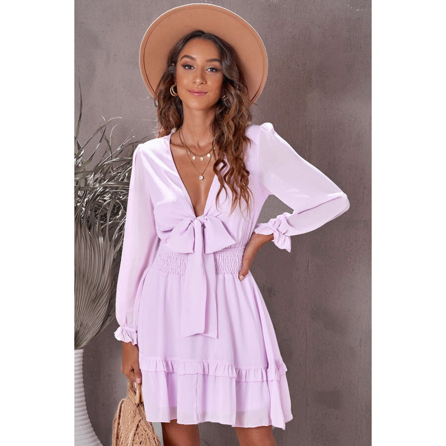 Tied Plunge Smocked Waist Flounce Sleeve Dress Pink Lavender / S