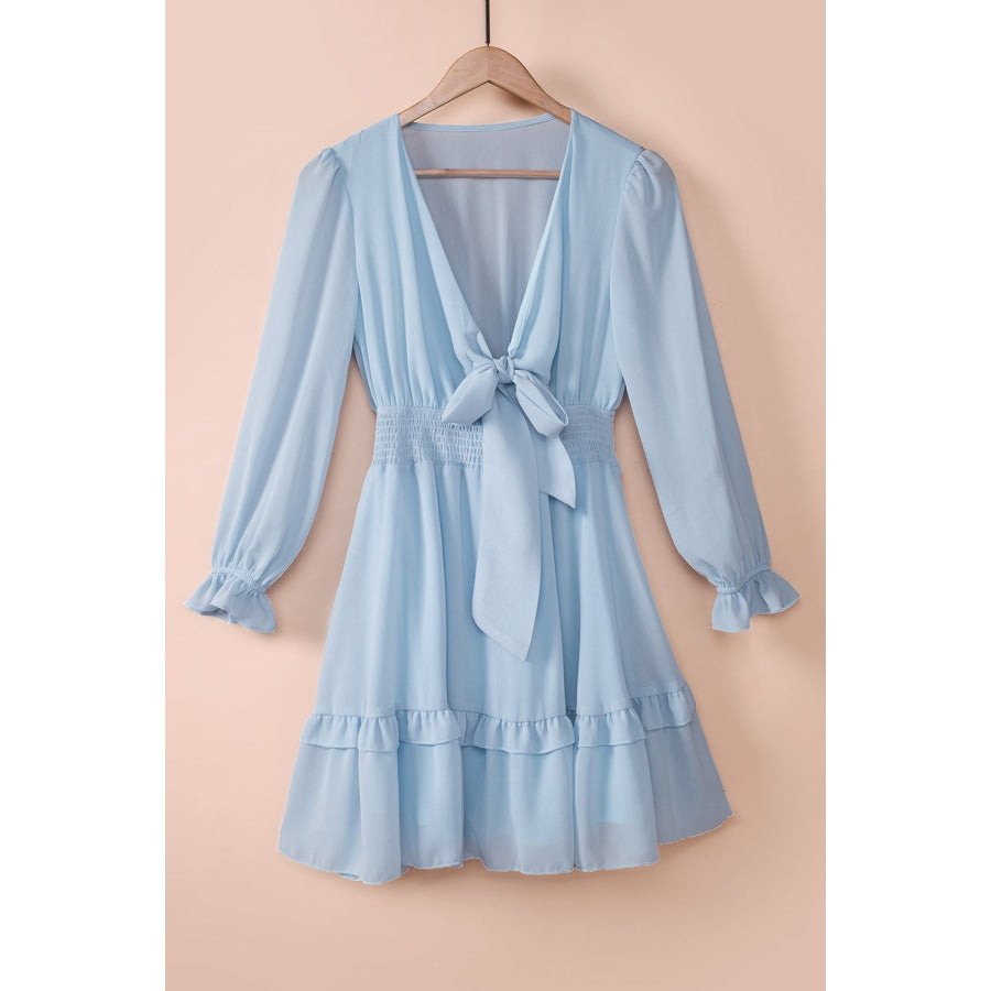 Tied Plunge Smocked Waist Flounce Sleeve Dress Sky Blue / S