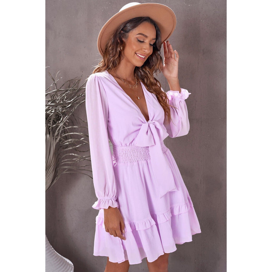 Tied Plunge Smocked Waist Flounce Sleeve Dress