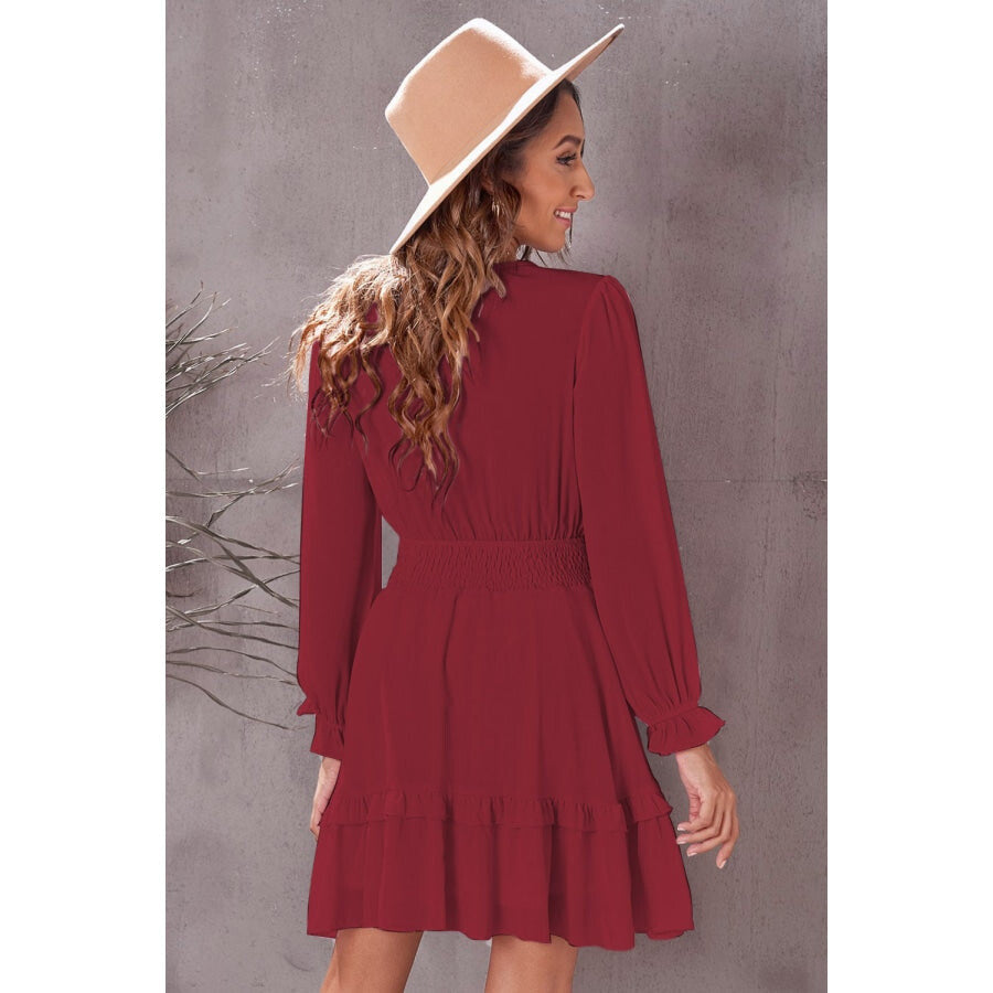 Tied Plunge Smocked Waist Flounce Sleeve Dress