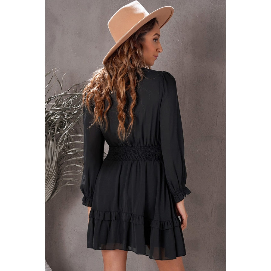 Tied Plunge Smocked Waist Flounce Sleeve Dress