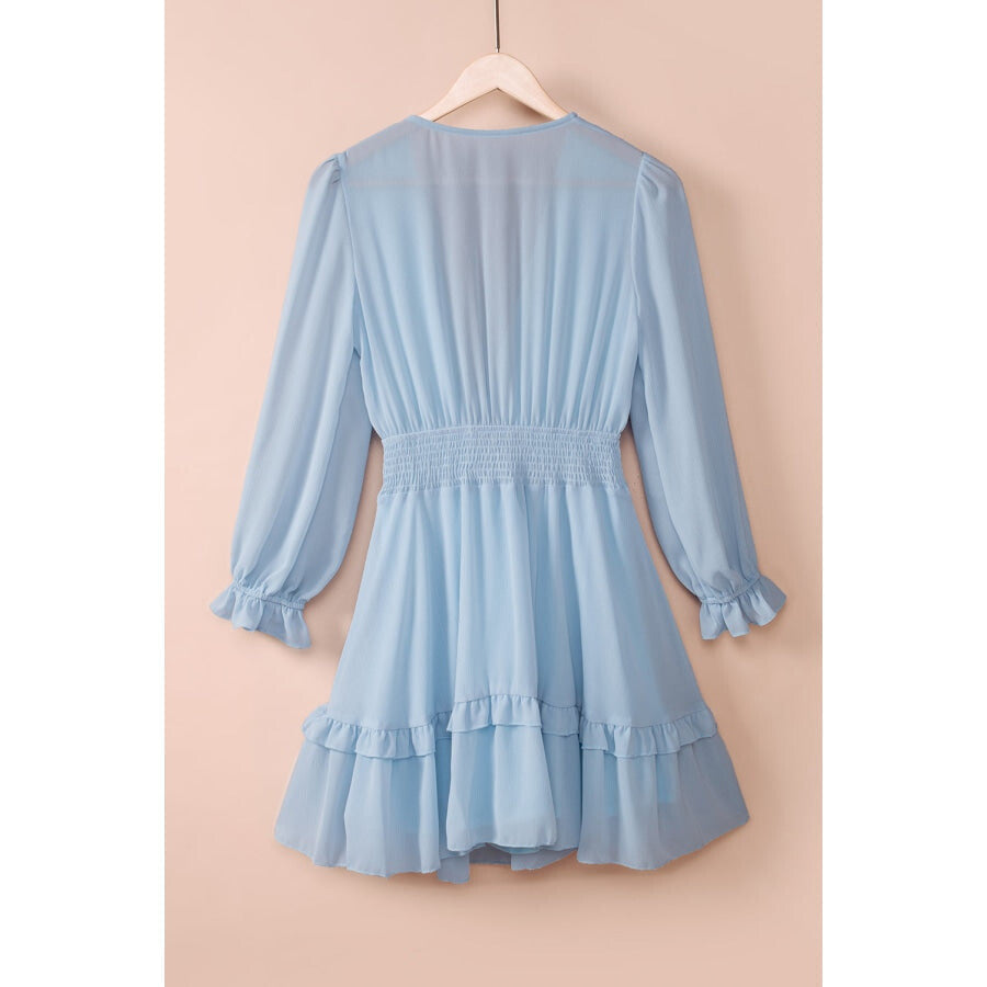 Tied Plunge Smocked Waist Flounce Sleeve Dress