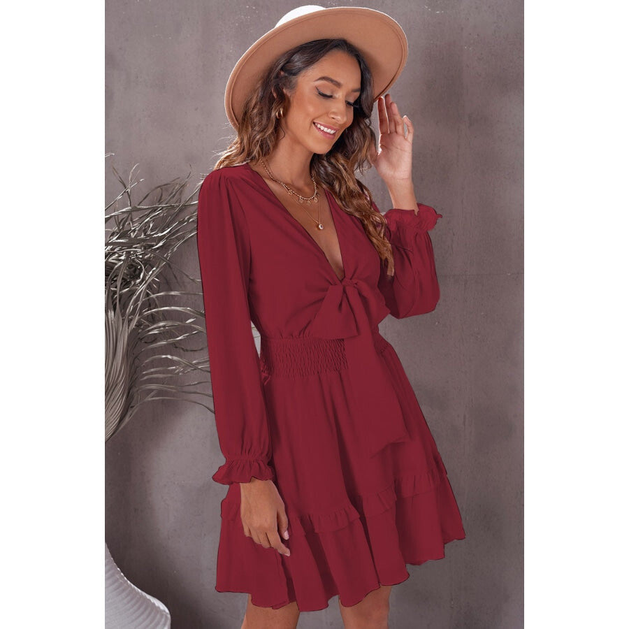 Tied Plunge Smocked Waist Flounce Sleeve Dress