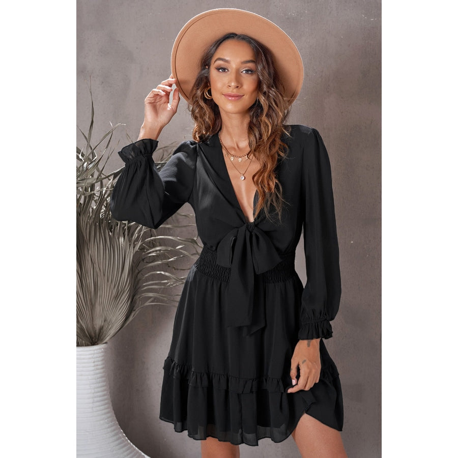 Tied Plunge Smocked Waist Flounce Sleeve Dress