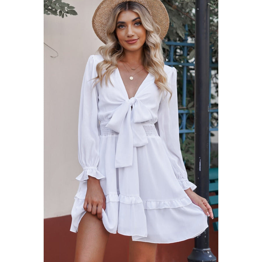 Tied Plunge Smocked Waist Flounce Sleeve Dress