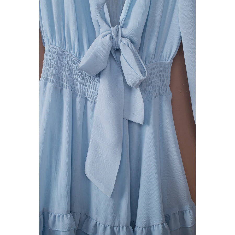 Tied Plunge Smocked Waist Flounce Sleeve Dress