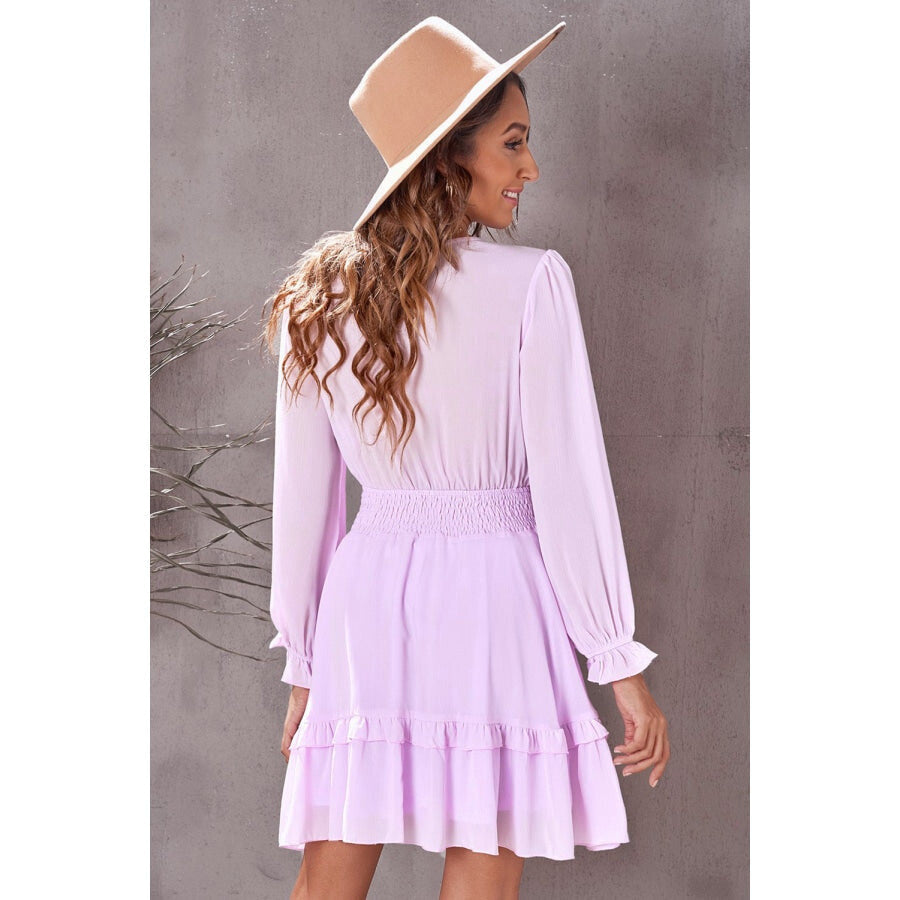 Tied Plunge Smocked Waist Flounce Sleeve Dress