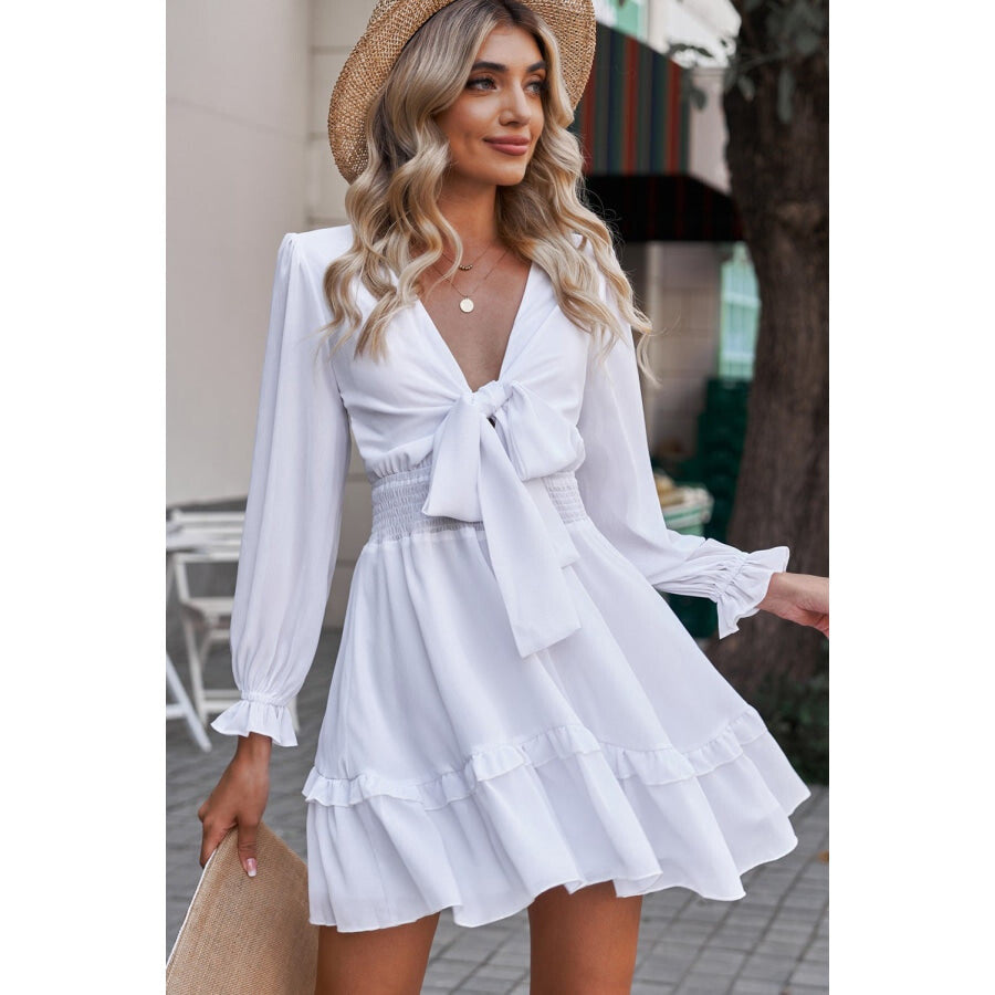 Tied Plunge Smocked Waist Flounce Sleeve Dress White / S