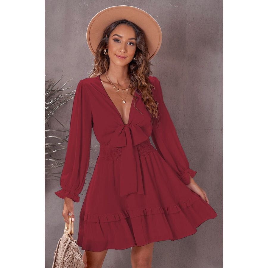 Tied Plunge Smocked Waist Flounce Sleeve Dress Wine / S