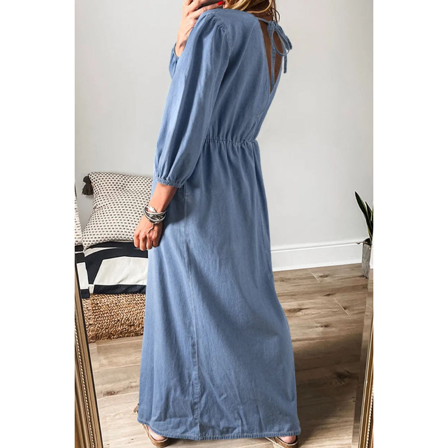 Tied Plunge Three-Quarter Sleeve Denim Dress Apparel and Accessories