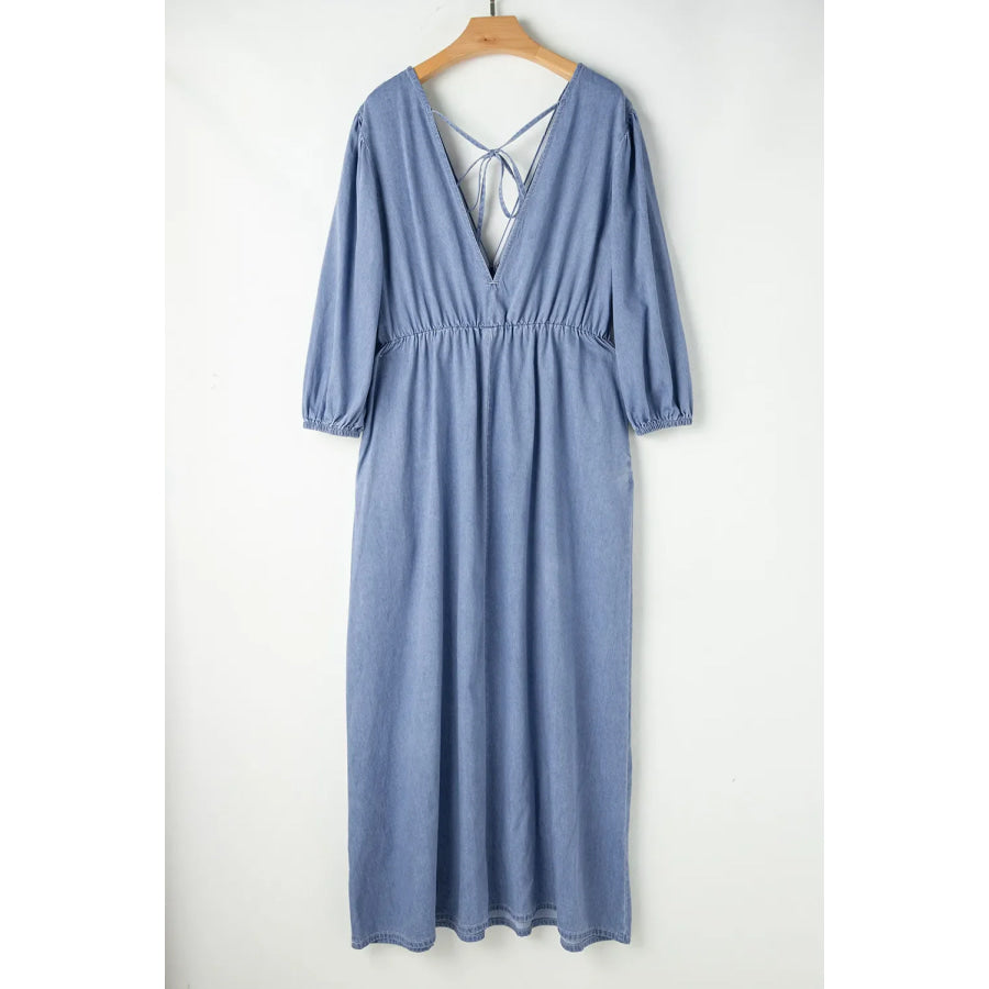 Tied Plunge Three-Quarter Sleeve Denim Dress Apparel and Accessories