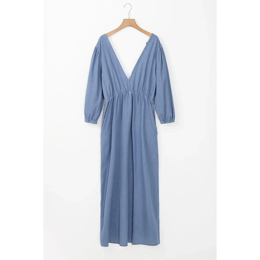 Tied Plunge Three-Quarter Sleeve Denim Dress Apparel and Accessories