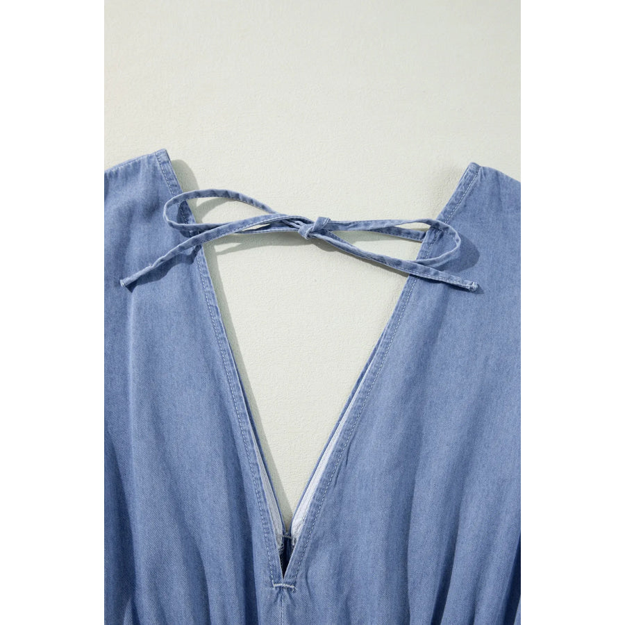 Tied Plunge Three-Quarter Sleeve Denim Dress Apparel and Accessories