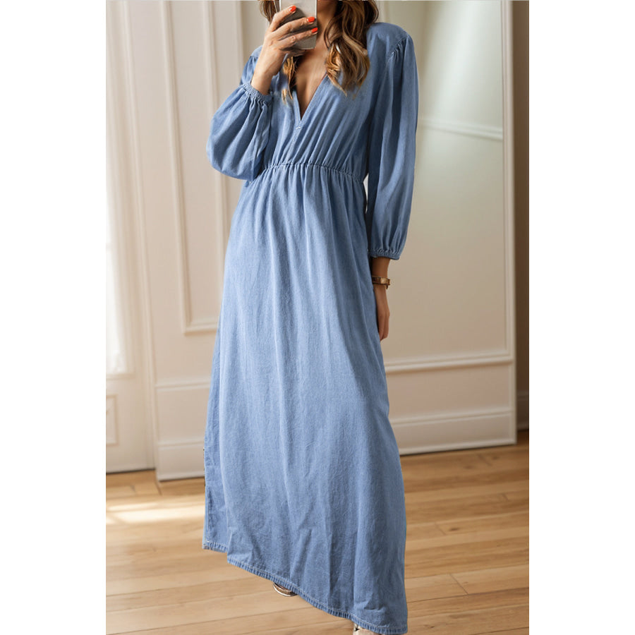 Tied Plunge Three-Quarter Sleeve Denim Dress Light / S Apparel and Accessories