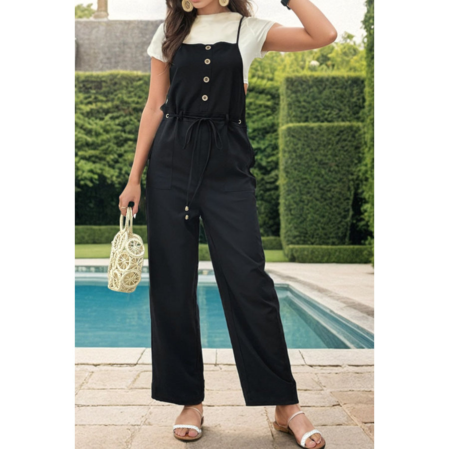 Tied Pocketed Spaghetti Strap Overalls Apparel and Accessories