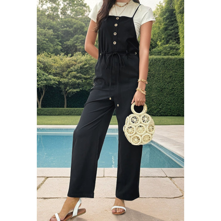 Tied Pocketed Spaghetti Strap Overalls Apparel and Accessories