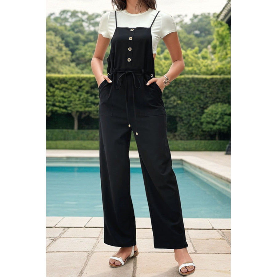 Tied Pocketed Spaghetti Strap Overalls Black / S Apparel and Accessories