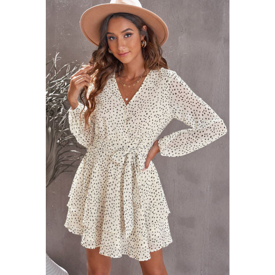 Tied Polka Dot Balloon Sleeve Layered Dress Apparel and Accessories