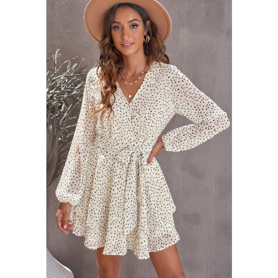 Tied Polka Dot Balloon Sleeve Layered Dress Ivory / S Apparel and Accessories