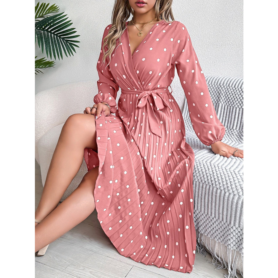 Tied Polka Dot Long Sleeve Midi Dress Dusty Pink / S Apparel and Accessories