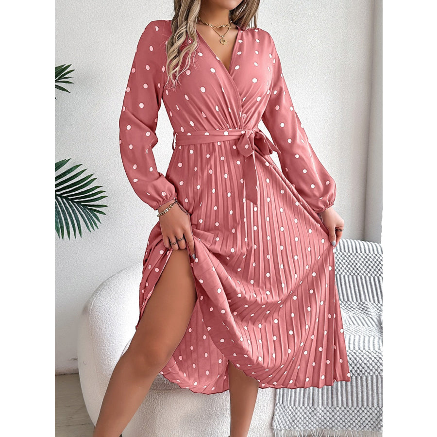 Tied Polka Dot Long Sleeve Midi Dress Dusty Pink / S Apparel and Accessories