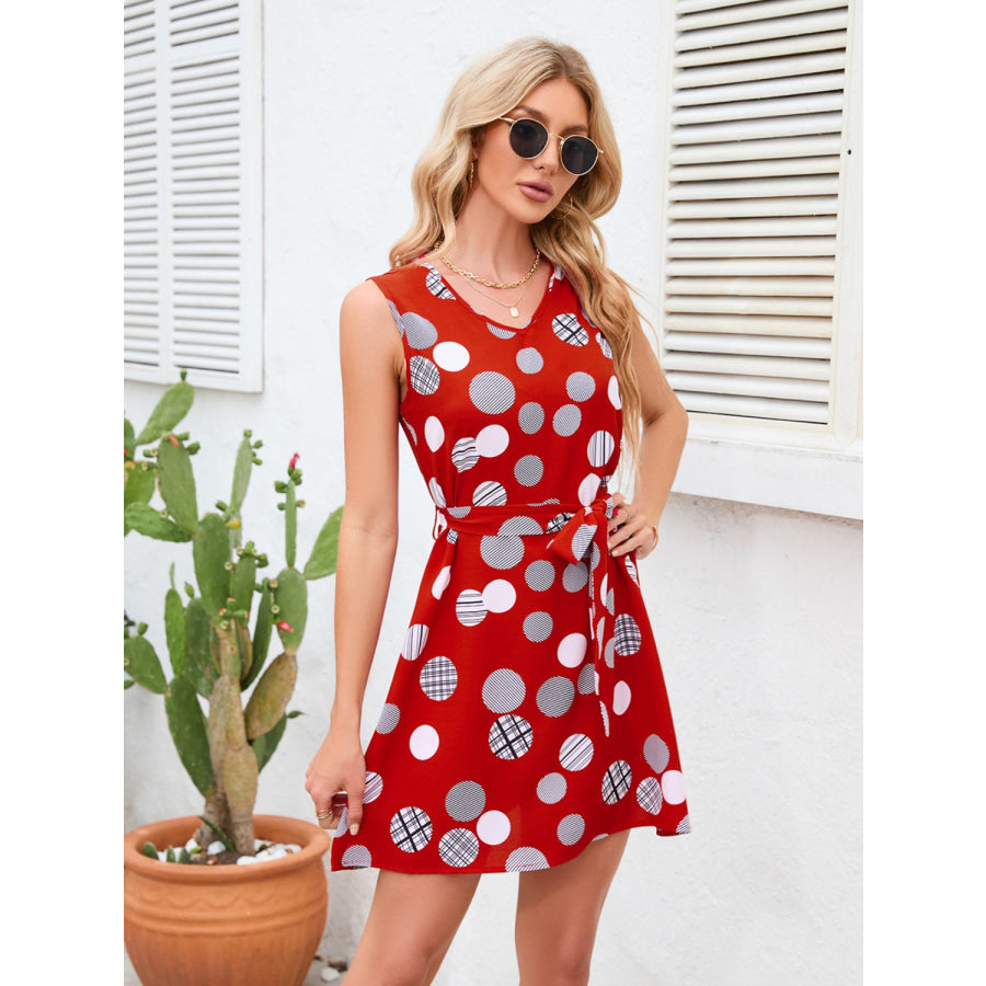 Tied Polka Dot V - Neck Dress Deep Red / S Apparel and Accessories