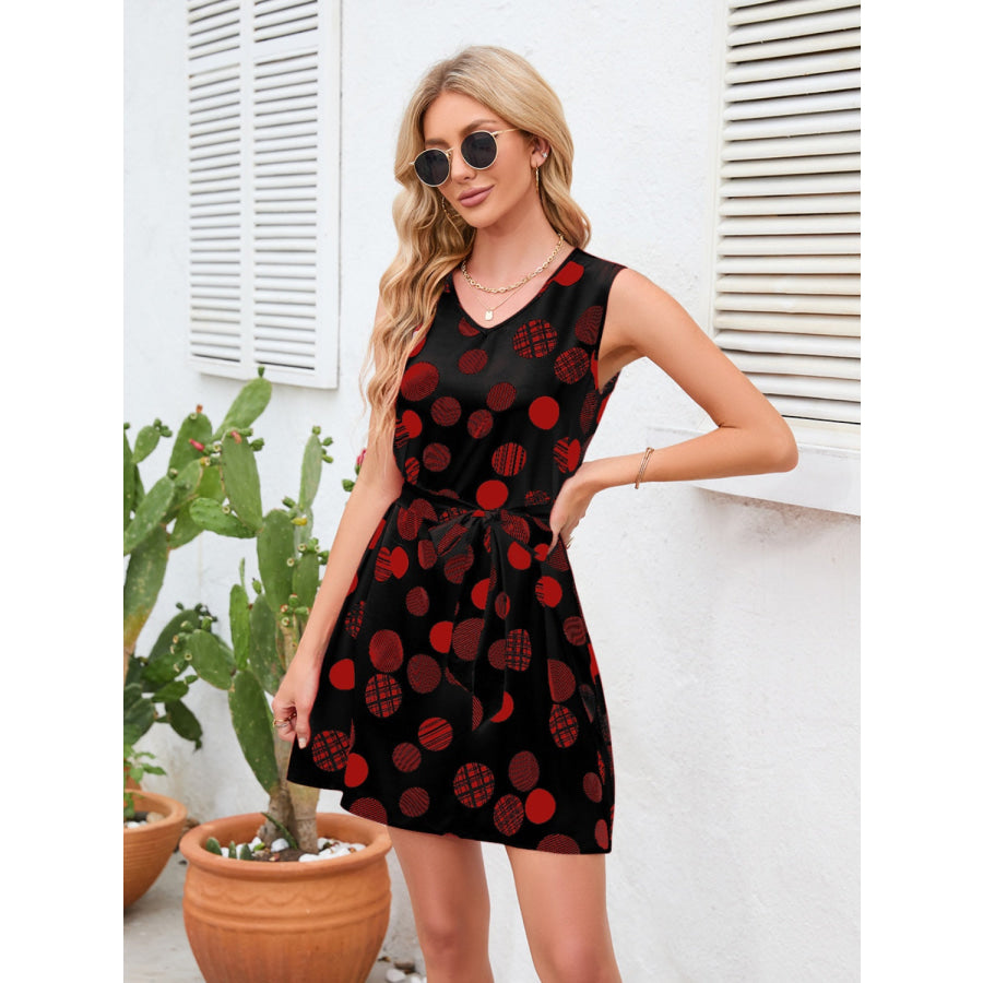 Tied Polka Dot V - Neck Dress Wine / S Apparel and Accessories