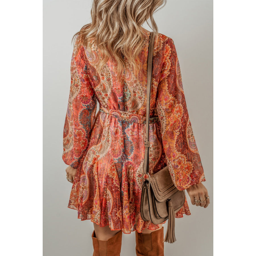 Tied Printed Balloon Sleeve Mini Dress Apparel and Accessories