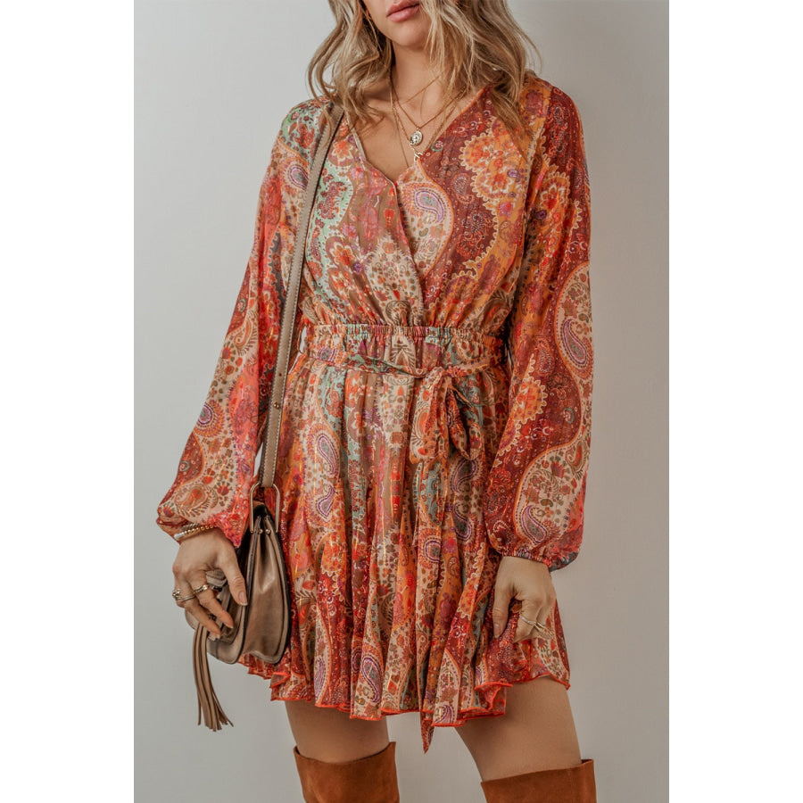 Tied Printed Balloon Sleeve Mini Dress Tangerine / S Apparel and Accessories