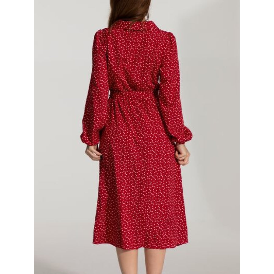 Tied Printed Button Up Balloon Sleeve Dress Deep Red / S Apparel and Accessories