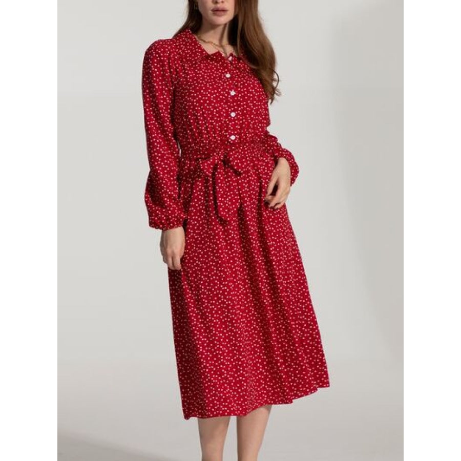 Tied Printed Button Up Balloon Sleeve Dress Apparel and Accessories