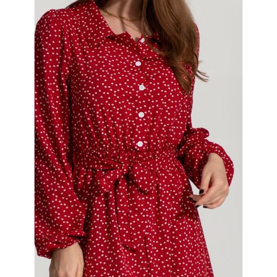 Tied Printed Button Up Balloon Sleeve Dress Apparel and Accessories