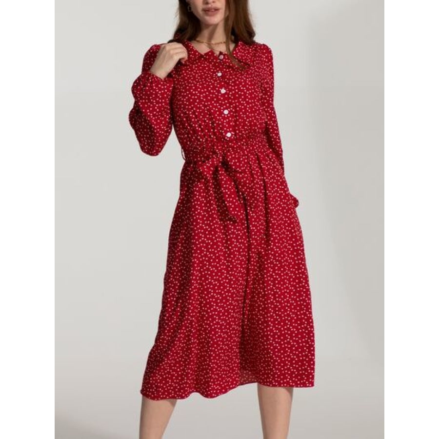 Tied Printed Button Up Balloon Sleeve Dress Deep Red / S Apparel and Accessories