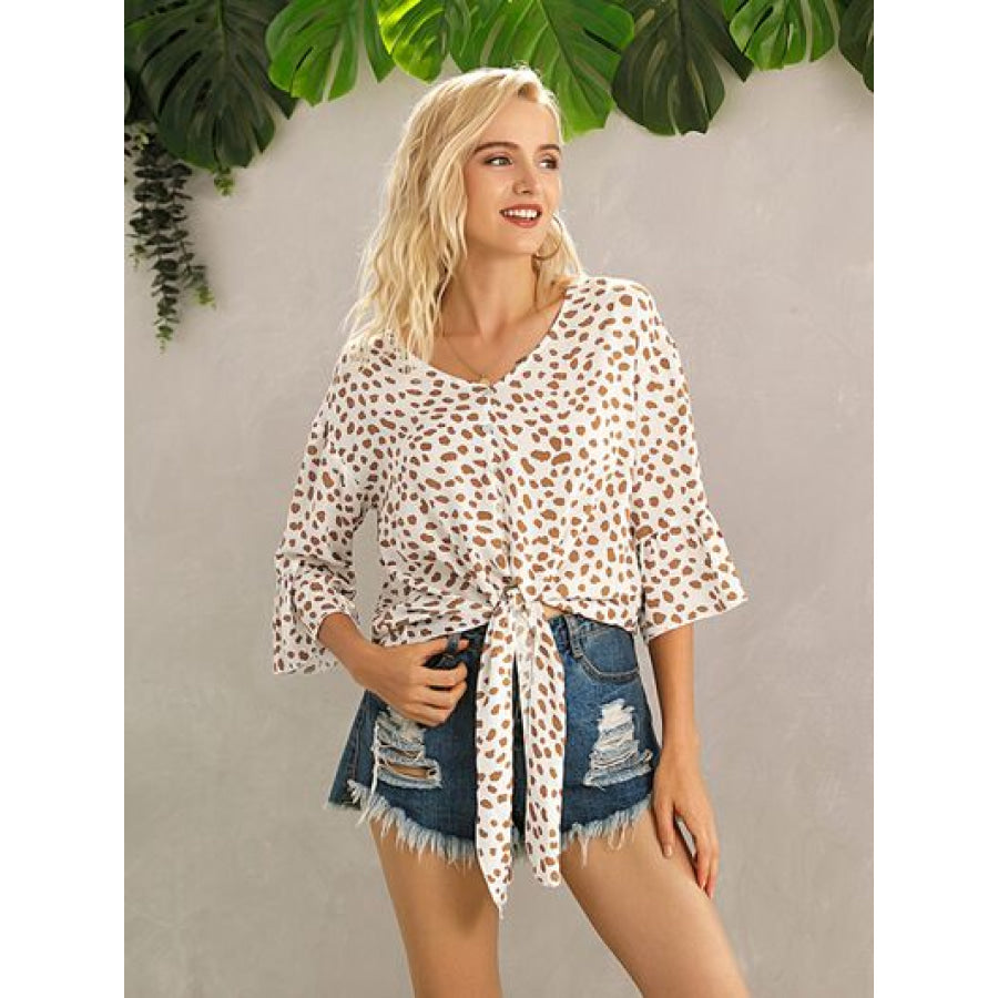 Tied Printed Button Up V - Neck Blouse Apparel and Accessories