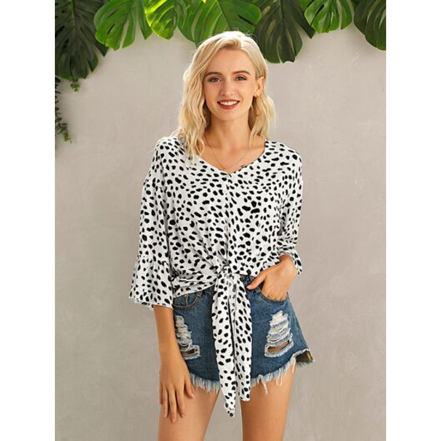 Tied Printed Button Up V - Neck Blouse Black / S Apparel and Accessories