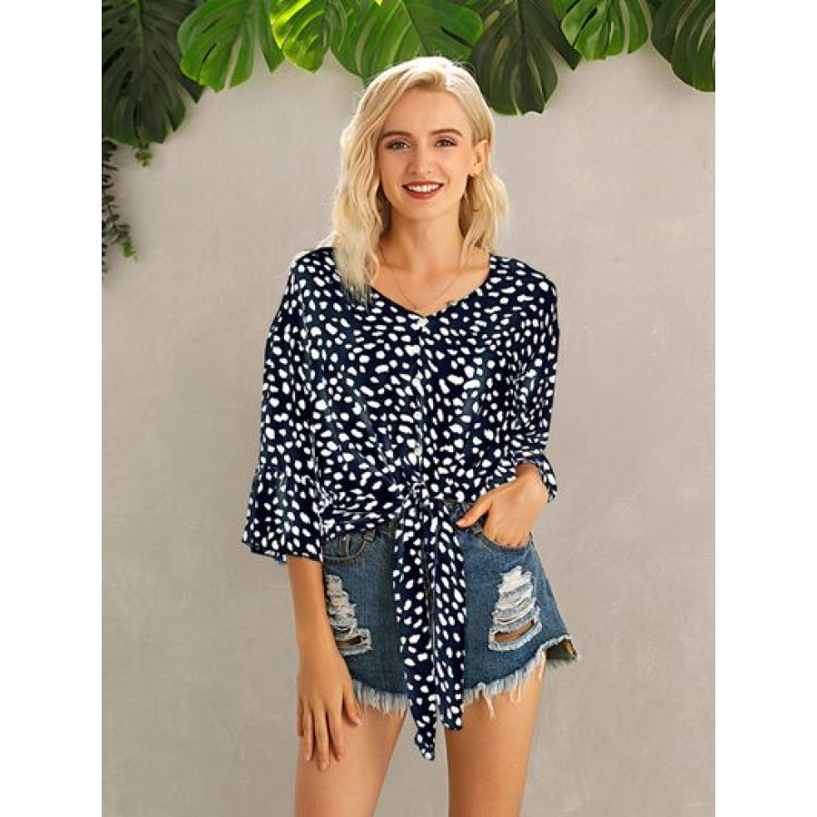 Tied Printed Button Up V - Neck Blouse Navy / S Apparel and Accessories