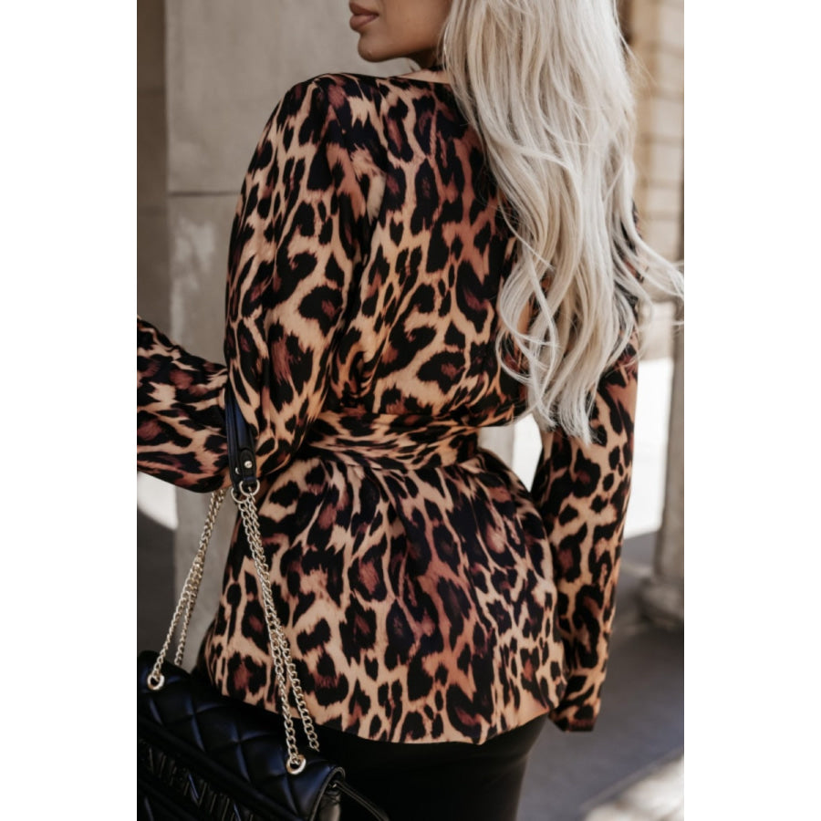 Tied Printed Collared Neck Long Sleeve Jacket Apparel and Accessories