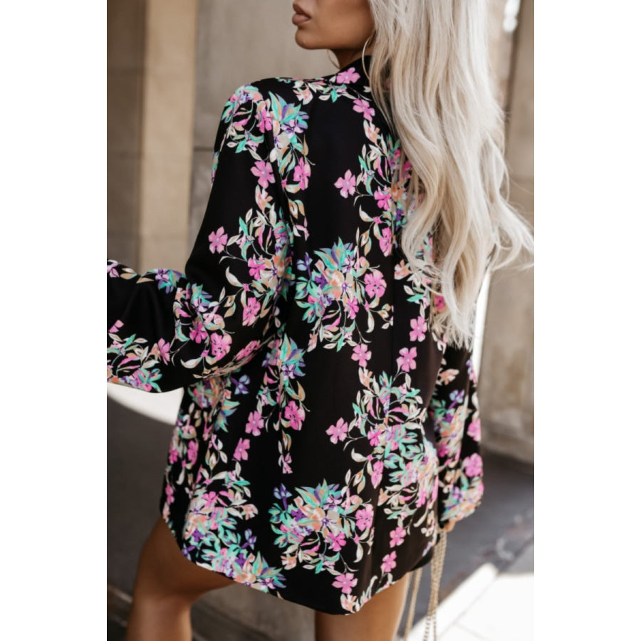 Tied Printed Collared Neck Long Sleeve Jacket Apparel and Accessories