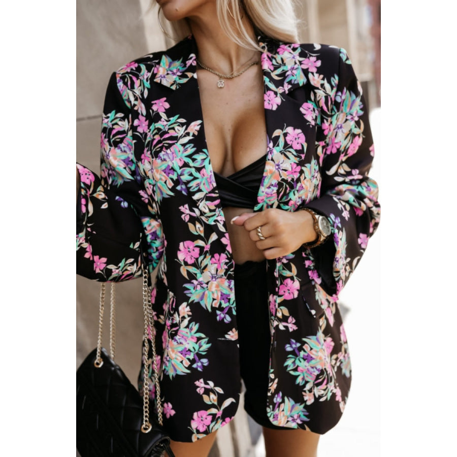 Tied Printed Collared Neck Long Sleeve Jacket Apparel and Accessories