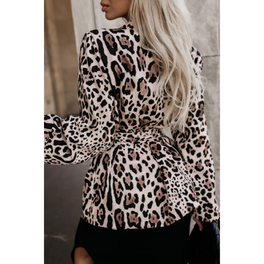 Tied Printed Collared Neck Long Sleeve Jacket Apparel and Accessories