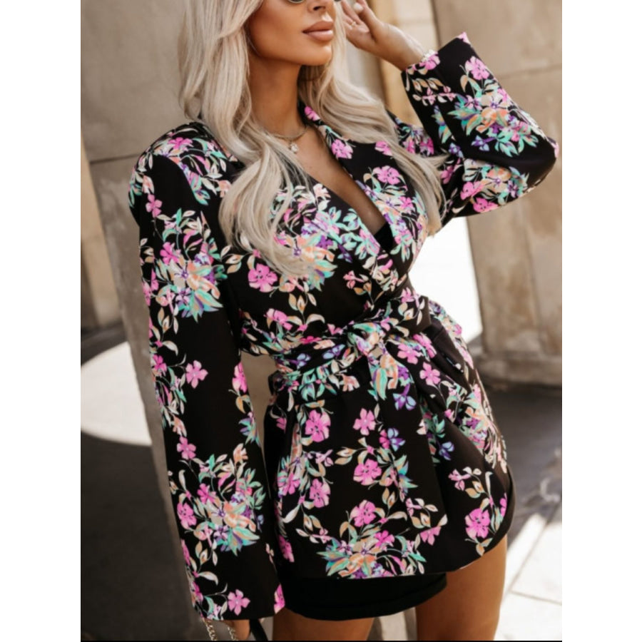 Tied Printed Collared Neck Long Sleeve Jacket Black / S Apparel and Accessories