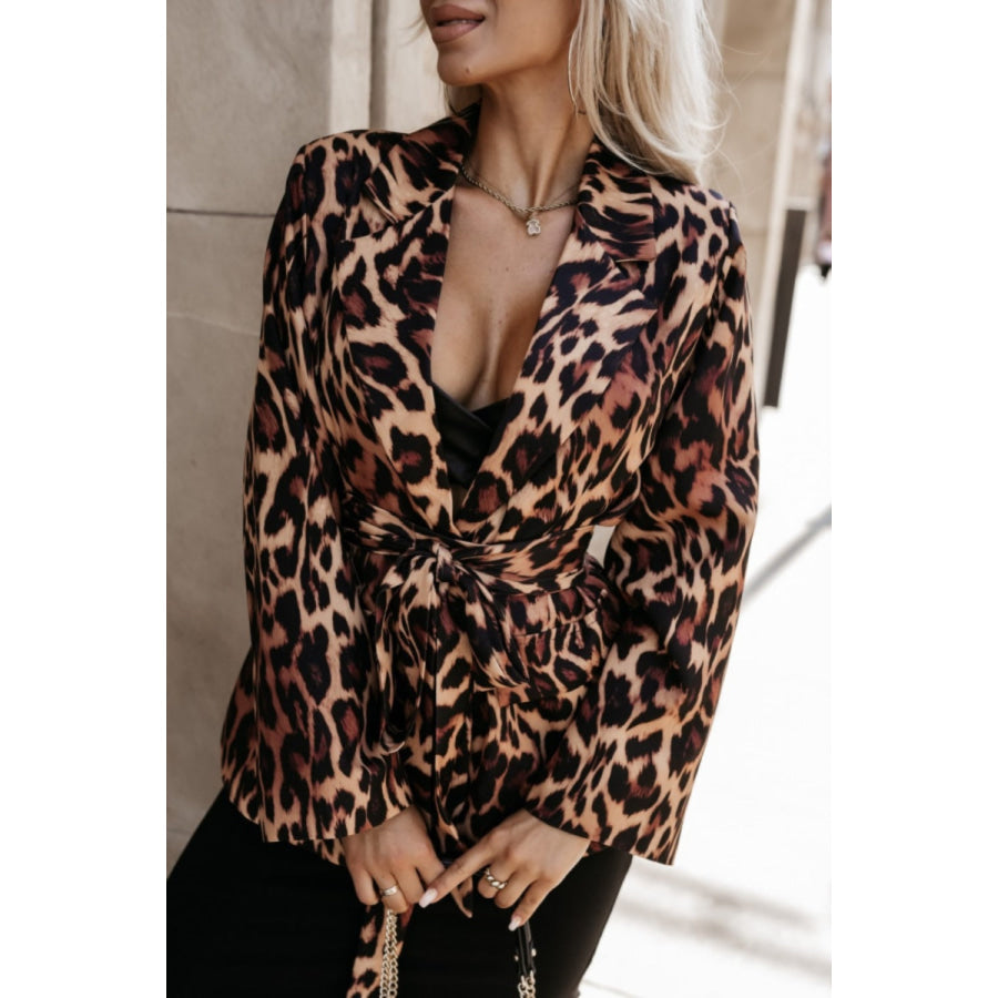 Tied Printed Collared Neck Long Sleeve Jacket Brown / S Apparel and Accessories