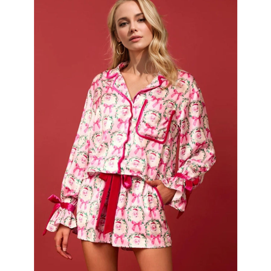 Tied Printed Collared Neck Long Sleeve Top and Shorts Set Apparel and Accessories