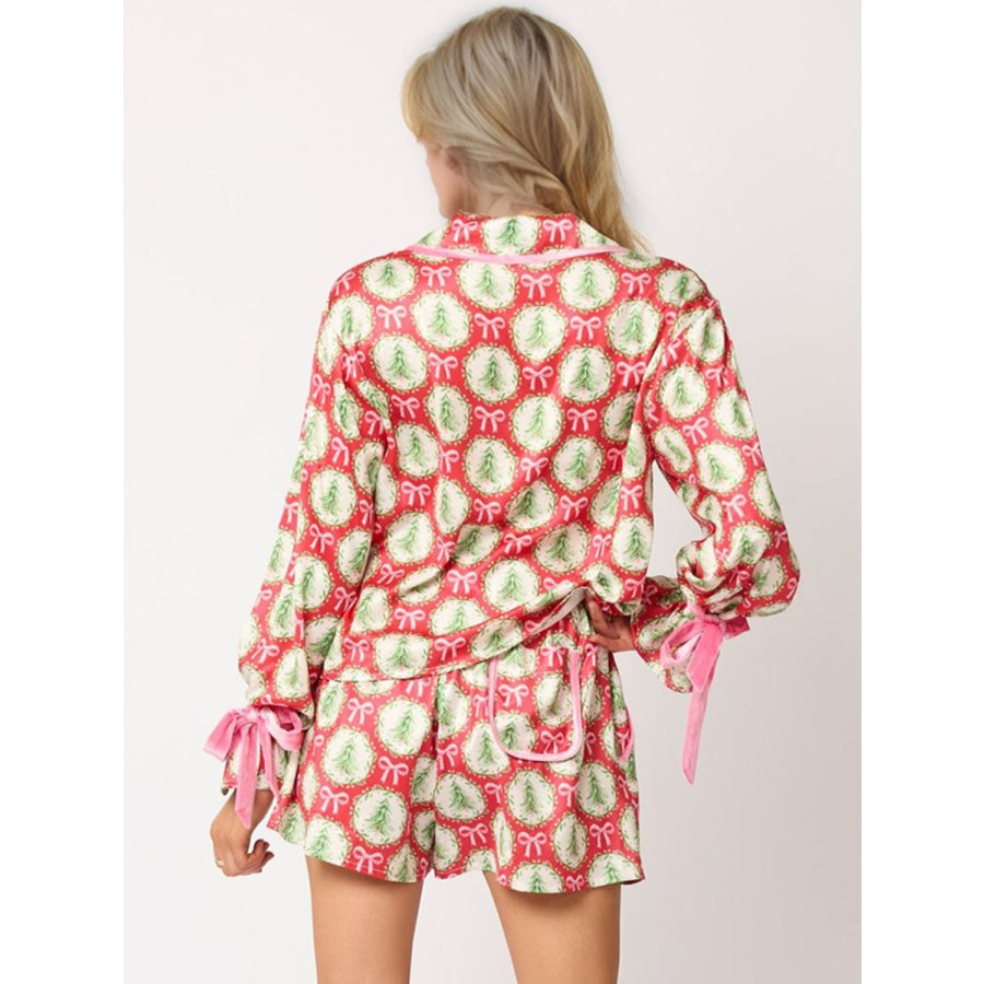 Tied Printed Collared Neck Long Sleeve Top and Shorts Set Apparel and Accessories